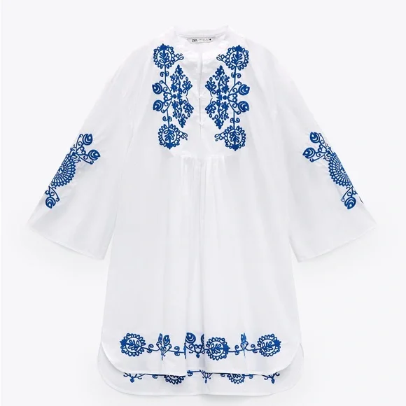 Zara White Mini Dress with Blue Floral Embroidery - Picture 8 of 10